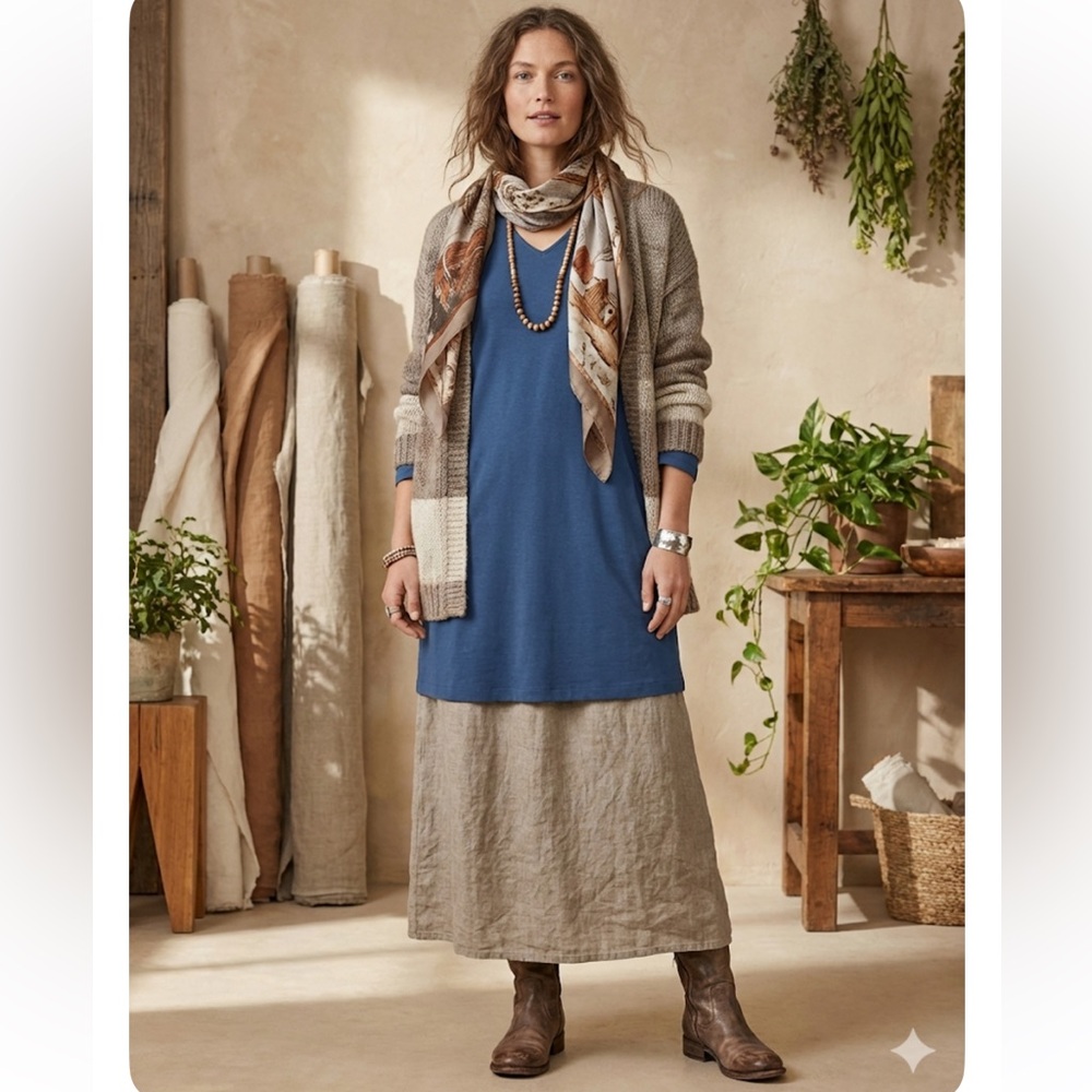 Eileen Fisher V-Neck Shift Dress Blue Organic Cotton Front Pockets Petite Small